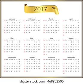 2017 calendar template.Week starts from sunday.Vector.