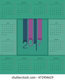 2017 calendar template.Week starts from sunday.Vector illustration.
