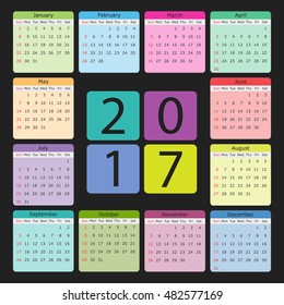 2017 calendar template.Week starts from sunday.Vector illustration.