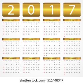 2017 calendar template.Week starts from sunday.Vector illustration.