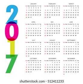 2017 calendar template.Week starts from sunday.Vector illustration.