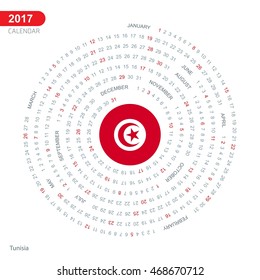 2017 Calendar, Tunisia Country Flag Circle Button, spiral Calendar illustration, Happy new Year calendar. vector illustration