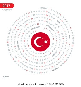 2017 Calendar, Turkey Country Flag Circle Button, spiral Calendar illustration, Happy new Year calendar. vector illustration