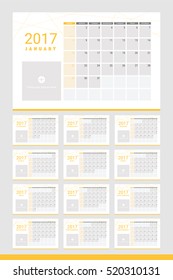 2017 calendar twelve month set, white and yellow theme