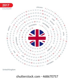 2017 Calendar, United Kingdom Country Flag Circle Button, spiral Calendar illustration, Happy new Year calendar. vector illustration