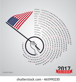 2017 Calendar, United States of America  Country Waving Flag banner, spiral illustration, swiral shape, Blue polygonal background calendar cover template, Happy new Year calendar. vector illustration