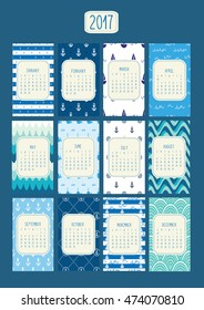 2017 calendar in us style, start on sunday, each month with individual table. Marine Theme