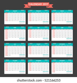2017 Calendar vector design template. Week starts Sunday. Vector illustration.