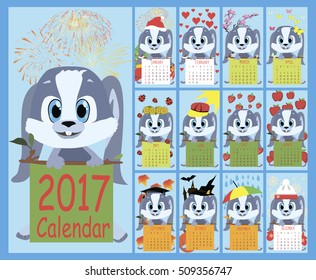2017 calendar. Vector illustration with funny rabbit.