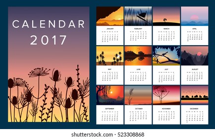 2017 Calendar; vector illustration; minimalistic landscape calendar with a sunrise and sunset theme;  a realistic natural  background