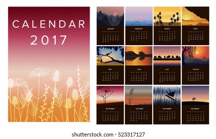 2017 Calendar; vector illustration; minimalistic landscape calendar with a sunrise and sunset theme; a realistic background