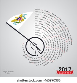 2017 Calendar, Virgin Islands US Country Waving Flag banner, spiral illustration, swiral shape, Blue polygonal background calendar cover template, Happy new Year calendar. vector illustration