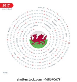 2017 Calendar, Wales Country Flag Circle Button, spiral Calendar illustration, Happy new Year calendar. vector illustration