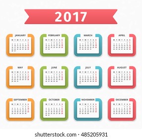 2017 Calendar, week starts on Monday, vector eps10 illustration