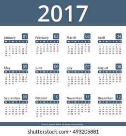 2017 Calendar, week starts on Monday, vector eps10 illustration