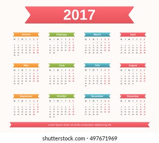 2017 Calendar, week starts on Monday, vector eps10 illustration