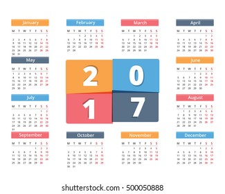 2017 Calendar, week starts on Monday, vector eps10 illustration