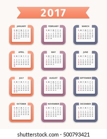2017 Calendar, week starts on Sunday, vector eps10 illustration