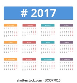 2017 Calendar, week starts on Monday, vector eps10 illustration
