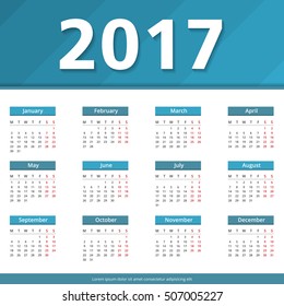 2017 Calendar, week starts on Monday, vector eps10 illustration