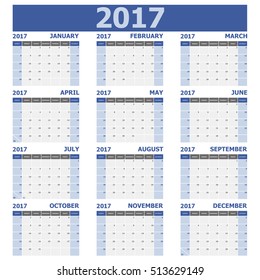 2017 calendar week starts on Sunday (12 months set), stock vector