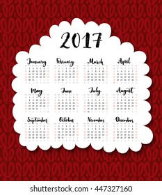 2017 calendar. Week starts Sunday. One sheet with handwritten months. Vector template on hand drawn red knitted background.