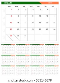 2017 calendar year set with weekly number. Vector illustration designed template start from Sunday in monthly.