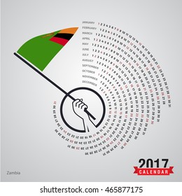 2017 Calendar, Zambia Country Waving Flag banner, spiral illustration, swiral shape, Blue polygonal background calendar cover template, Happy new Year calendar. vector illustration