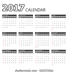 2017 calendar.Week starts sunday.Vector design template.
