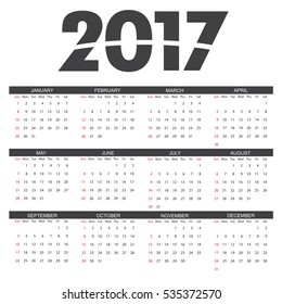 2017 Calendarweek Starts Sundayvector Design Template Stock Vector ...