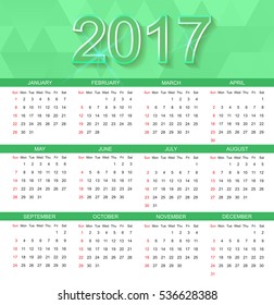 2017 calendar.Week starts from sunday.Vector illustration.