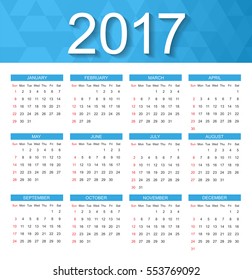 2017 calendar.Week starts from sunday.Vector illustration.