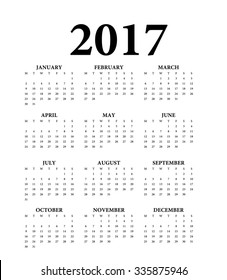 2017 Calendar.Weeks start on Monday.