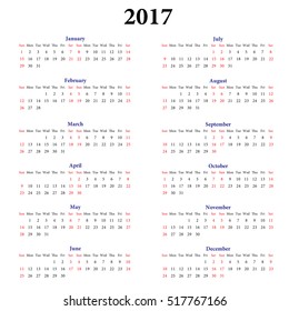 2017 Calendar.Weeks start on Sunday.
