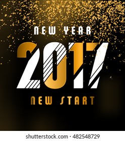2017 - calligraphic new year greeting design - white and gold typography on a dark background with golden glitter - New year new start