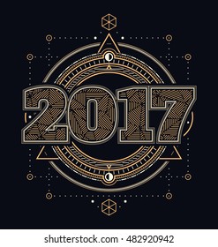 2017 - calligraphic new year greeting design - sacred style gold and white lines design on dark background