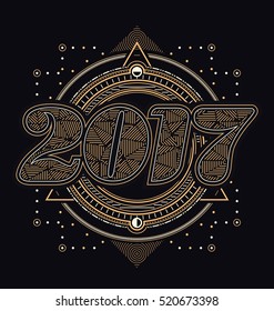 2017 - calligraphic new year greeting design - sacred style gold and white lines design on dark background