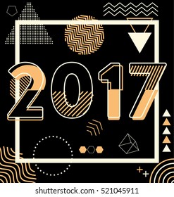 2017 - calligraphic new year greeting design - sacred geometric style gold and white elements design on dark background