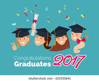 2017 Celebration graduation banner. Group of happy graduates with  diplomas celebrating graduation, smiling.  Vector illustration 