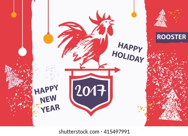 2017 Chinese New Year of the red Rooster. Vector Illustration. Hand drawn silhouette illustration rooster on background with shield. Template for Greeting , Congratulations, Invitations.