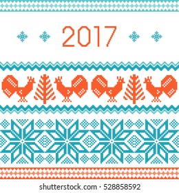 2017 Chinese year of the red rooster. New Year greeting card template. Traditional ornamental motif