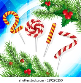 2017 Christmas background with a Christmas tree and candy