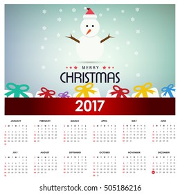 2017 Christmas calendar background images card. Blue Snowman Christmas with decorative typography and label typography