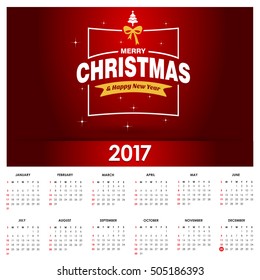 2017 Christmas calendar background images card. Red Christmas Gift Box with decorative typography and label typography