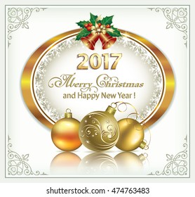 2017 Christmas card with balls and bells in a frame with an ornament]