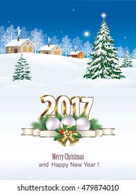 2017 Christmas card with balls and bells on a nature background with a Christmas tree