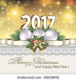 2017 Christmas card with balls and bells on the background of stars and ornament