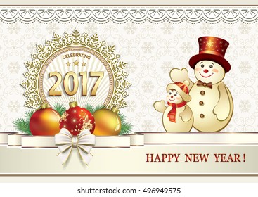 2017 Christmas card with balls and a snowman on the background of the ornament