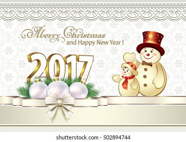 2017 Christmas card with balls and a snowman on the background of the ornament