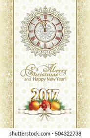 2017 Christmas card with a clock and a ball with a bow on a background ornament